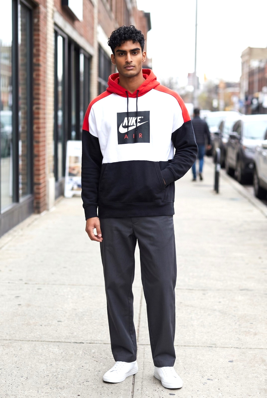 Nike Air Colorblock Red White Black Heavyweight Fleece Hoodie Sports Size XL